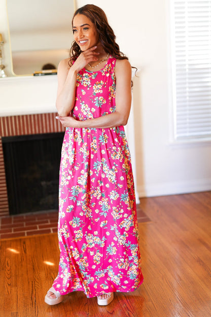 Pink Floral Print Fit and Flare Sleeveless Maxi Dress