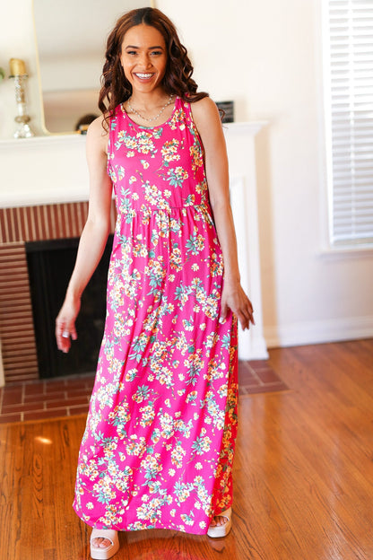 Pink Floral Print Fit and Flare Sleeveless Maxi Dress