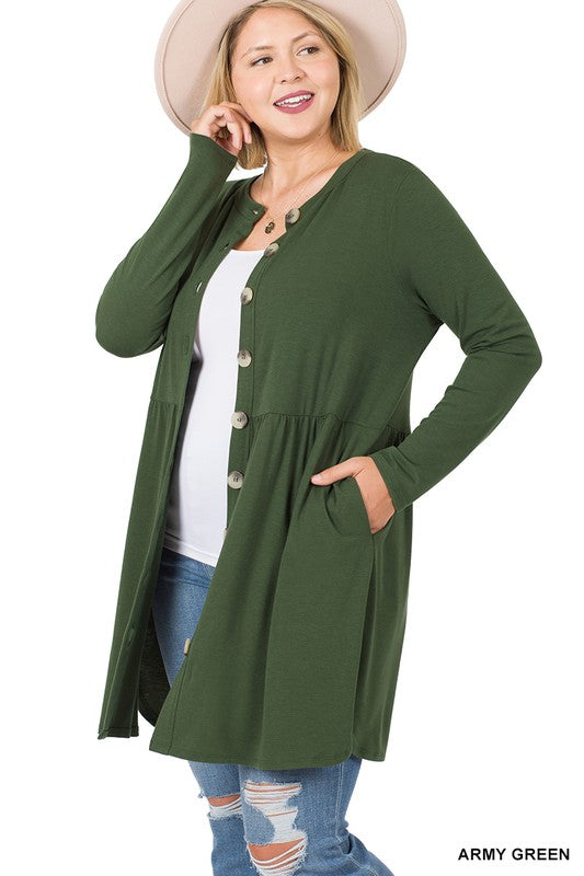 Plus Shirred Waist Buttoned Cardigan