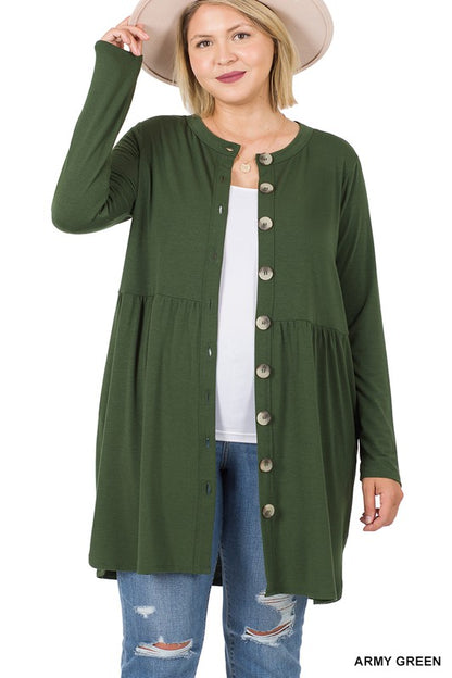 Plus Shirred Waist Buttoned Cardigan