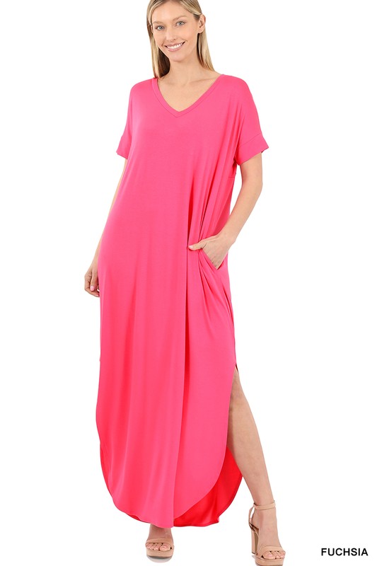 Viscose Fabric V-Neck Short Sleeve Maxi Dress