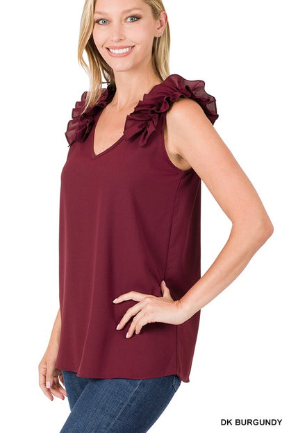 Woven Wool Dobby Ruffle Trim Sleeveless Top