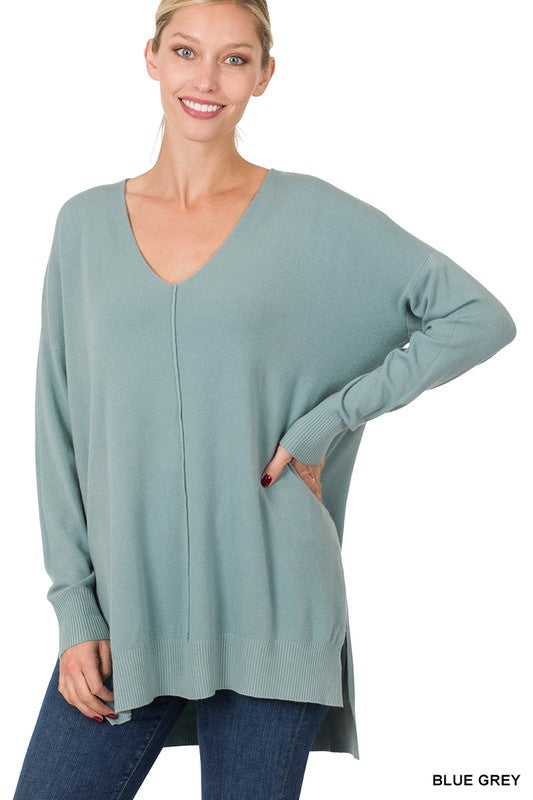 Hi-Low Hem V-Neck Center Seam Sweater