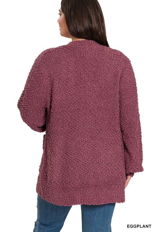 Plus Puff Sleeve Popcorn Cardigan With Pockets