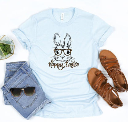 Leopard Happy Easter Bunny Glasses Graphic Tee