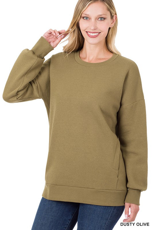 Long Sleeve Round Neck Sweatshirt Side Pockets