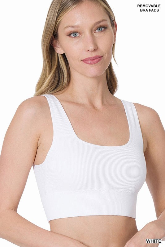 Ribbed Square Neck Cropped Tank Top with Bra Pads