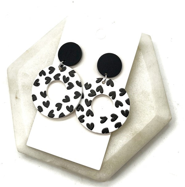 Black White Heart Circle Acrylic Earrings