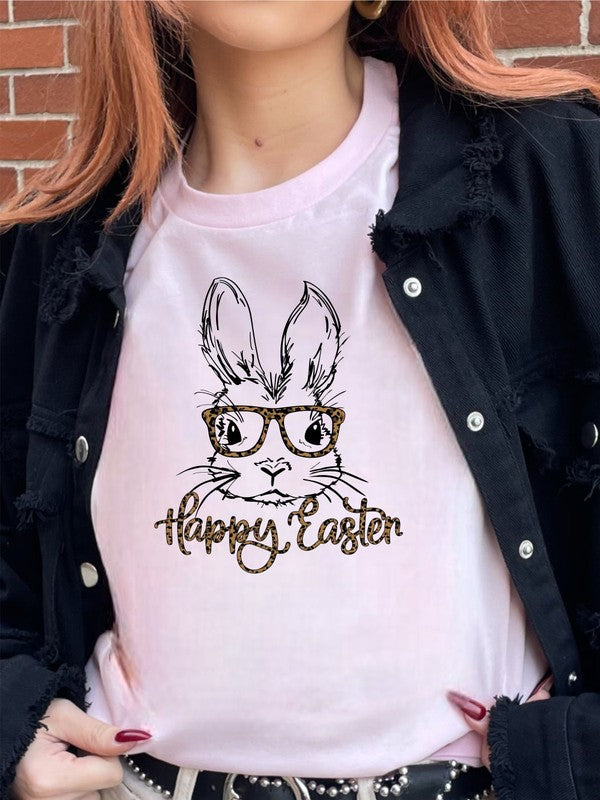 Leopard Happy Easter Bunny Glasses Graphic Tee