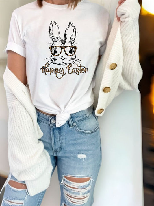 Leopard Happy Easter Bunny Glasses Graphic Tee