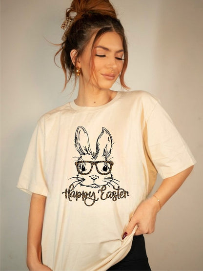 Leopard Happy Easter Bunny Glasses Graphic Tee