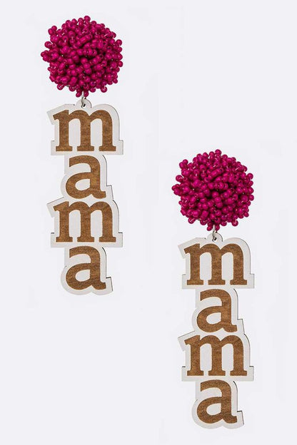 Beaded Pom MAMA Wood Drop Earrings