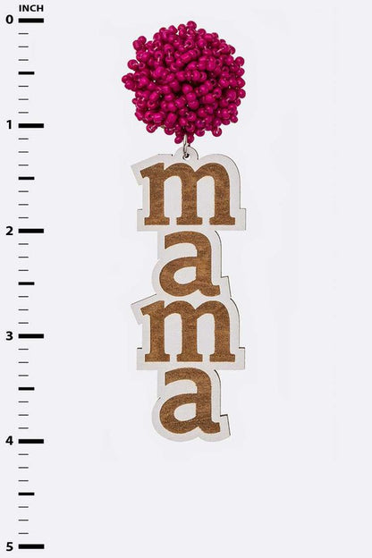 Beaded Pom MAMA Wood Drop Earrings