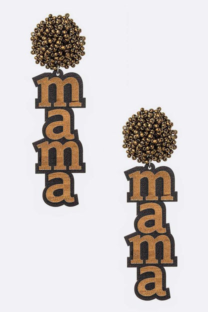 Beaded Pom MAMA Wood Drop Earrings