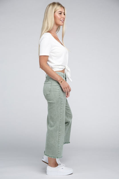 Acid Washed High Waist Frayed Hem Straight Pants