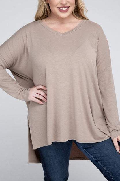 Plus Dolman Sleeve V-Neck Side Slit Hi-Low Hem Top