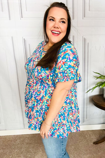 Looking Your Way Blue Floral Ruffle Hem Tiered Top