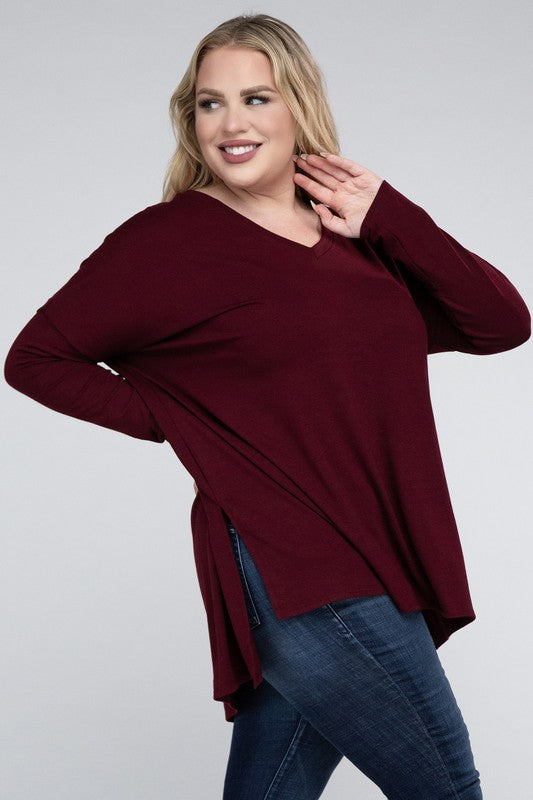 Plus Dolman Sleeve V-Neck Side Slit Hi-Low Hem Top