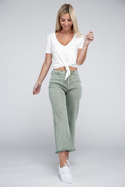 Acid Washed High Waist Frayed Hem Straight Pants